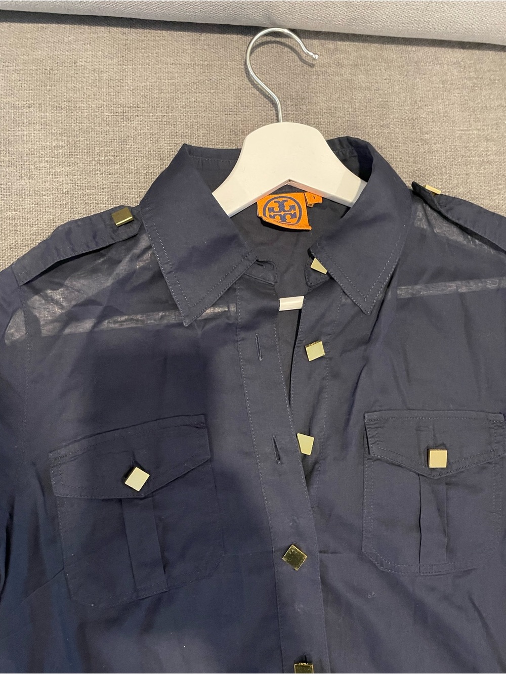 Tory Burch Navy Button-Down Shirt with Gold Square Studs